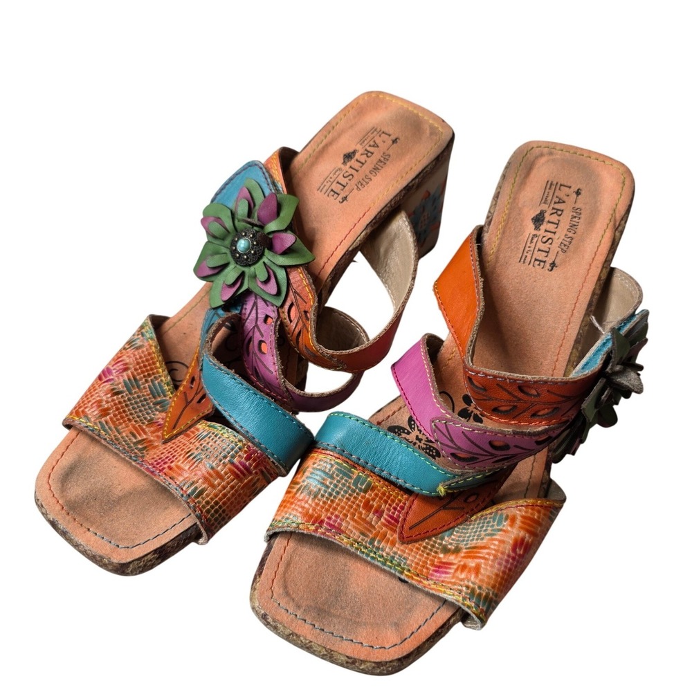 Spring Step LArtiste Leather Floral Slide Sandals Block Heel Women size 40 F1